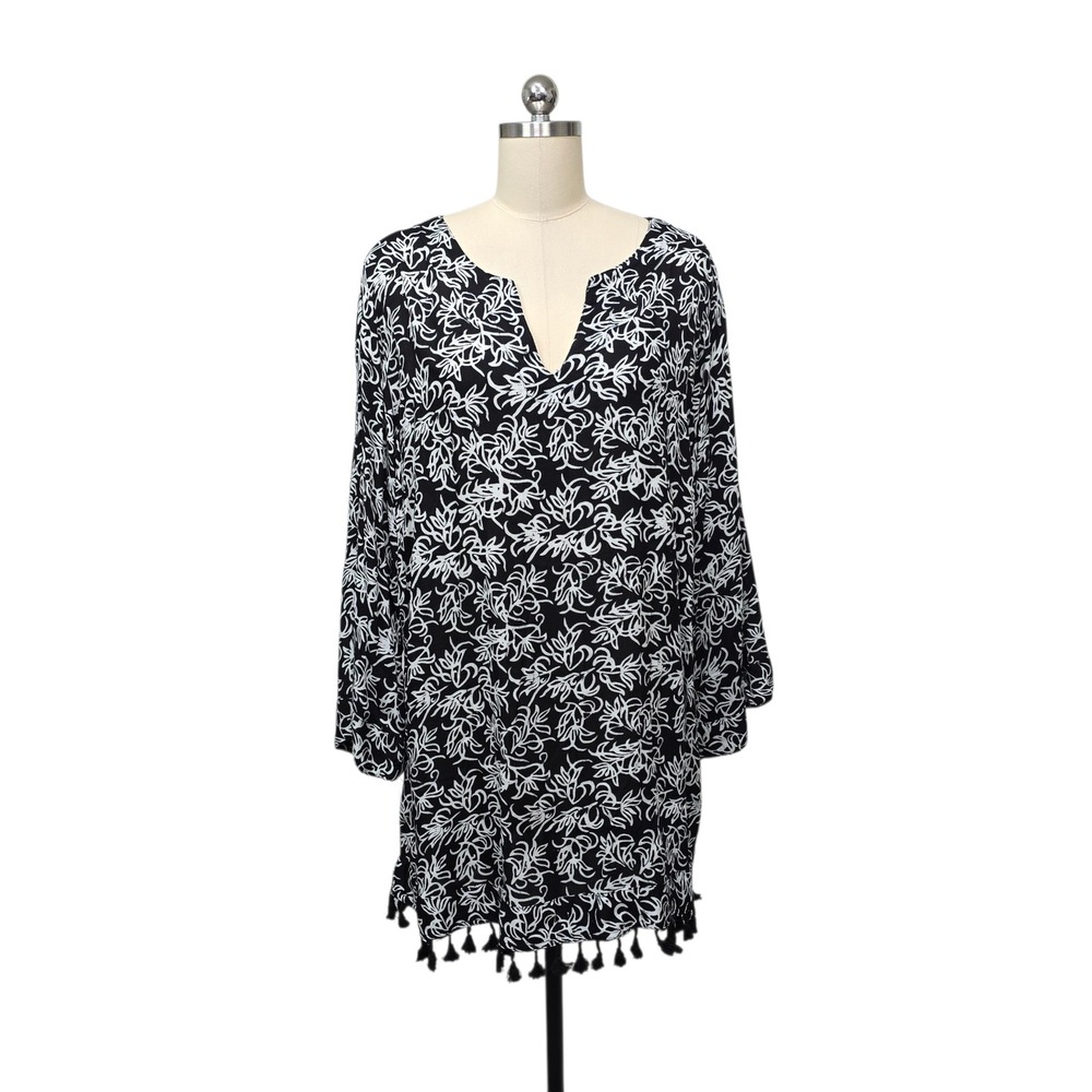 Soft Surroundings Black‎ White Botanical Tassel Hem Rayon Tunic Top Women's XL